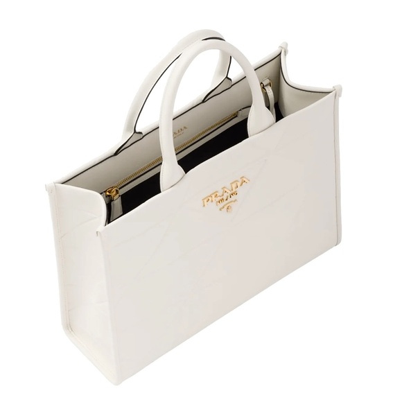 Prada Symbole Medium Tote With Topstitching White Leather 1BA378 New - Picture 5 of 7